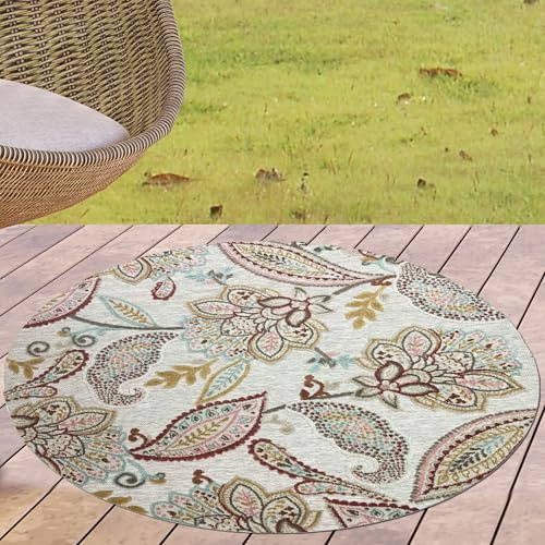 CARPETIA Runder Outdoor Teppich 3D Effekt Blumen Pflanzen wetterfest pflegeleicht für Garten Balkon Wohnzimmer modern robust Creme Bunt 120 x 120 cm