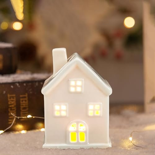 Xevinas Weihnachtsdorf Mit Beleuchtung, Weihnachten Deko Porzellan Häuser Weiß Batteriebetrieben, Keramik Häuser Weiß Aus Hochwertigen Keramikmaterialien, Weihnachtsdeko Figuren Für Tisch (D)