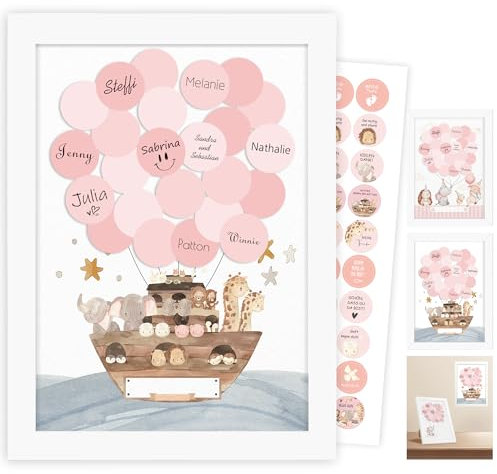 Gästebuch Babyparty Taufe Kommunion Konfirmation Geburtstag, Taufgeschenke für Mädchen Junge, Baby Shower Deko Spiele Gender Reveal Party, Weißem Holzrahmen, Arche Noah Gästebild, Süße Aufklebe (Rosa)