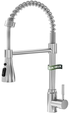 RUN HELIX Kitchen Tap, Spring Kitchen Mixer Tap with 2 Spray Modes, High Arc 360° Swivel, 304 Stainless Steel, Polished Chrome