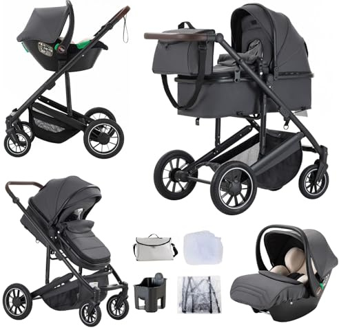 Lnhcrbs Baby Stroller 3 in 1, Travel Stroller,Dark Grey- Pushchair and Car Seat Set, Newborn Pushchair with Adjustable Handle, with Foot Cover,0-4,22KG