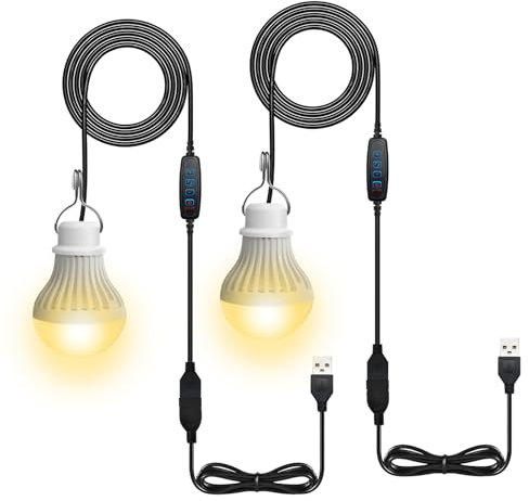 BORDEAG 2 Stück USB LED Glühbirne, 7W LED Light Camping Lampe, Wiederaufladbarkeit LED Glühbirne, Kabel Ist Im Lieferumfang Schalter, 3 Farbtemperatur, für Wandern Garten Outdoor Angeln Grillen
