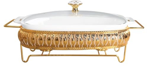 jinsongdafa Cazuela rectangular de porcelana con tapa de cristal y rejilla, 1500 ml de sopera para servir, plato de chafing para buffet, bandeja para almacenar alimentos, catering