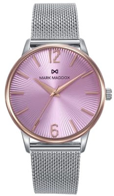Mark Maddox MM1030-75 Damenuhr aus Edelstahl, Roségold, verstellbares Milanaise-Armband, rosafarbenes Zifferblatt, roségoldene Lünette, analog, silber