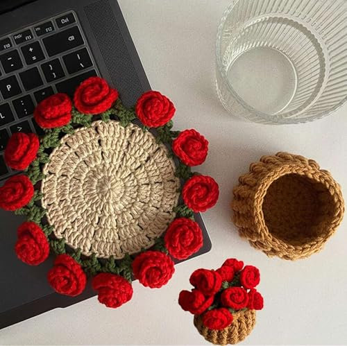 Crochet Flower Blanket Coasters, 7.8in Crochet Flower Coasters, Handmade Vintage Crochet Flower Bouquet Material Pack, DIY Floral Crochet Coasters Gifts for Women Mother's Day
