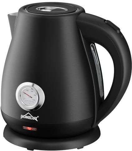 Wasserkocher Edelstahl 2200W, Elektrischer Wasserkocher 1.7L Retro Teekocher mit analogem Thermometer & sichtbarer Wasserstand, BPA-freier Automatischer Abschaltung, Trockengehschutz, Schwarz