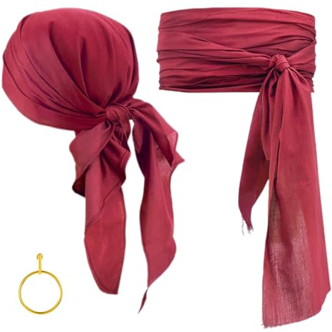 SAIIURV 3 Pièces Accessoire Deguisement Pirate Homme et Femme, Pirate Bandeau Ceinture de Taille, Boucles D'Oreilles, Ensemble D'Accessoires de Costume de Pirate pour Halloween Enfants Adultes
