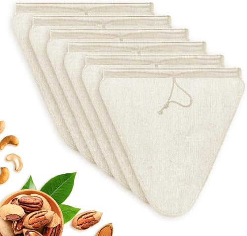 APOMOONS Pack of 6 Washable Nut Milk Bags, Natural Hemp Nut Bags, Strainer, 28 x 30 cm, Straining Cloth Reusable with Drawstring for Nut Milk/Homemade Cheese/Fruit Juice/Coffee, Triangle Shape