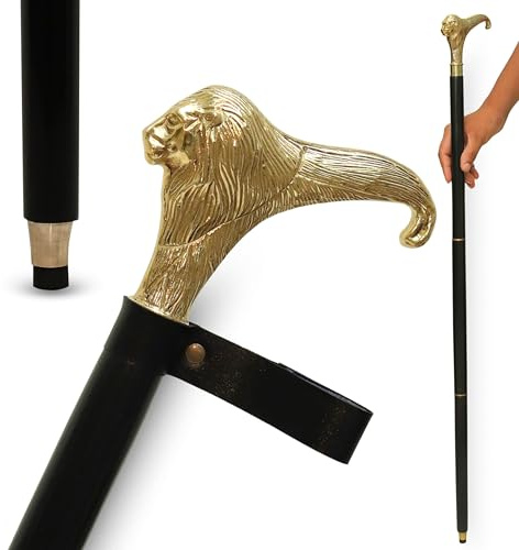 Schwarzer Gehstock aus Holz mit Messing-Löwenkopfgriff, Vintage-Stil, Gehstock mit Lederband, für Männer und Frauen, ideal für Cosplay, historische Nachstellungen oder Sammlergeschenk