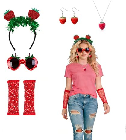 Kinwers Erdbeer Kostüm Damen, 5 Set 80 90er Accessoires Haargummi Brille Rote Strass Faschings Party Karneval