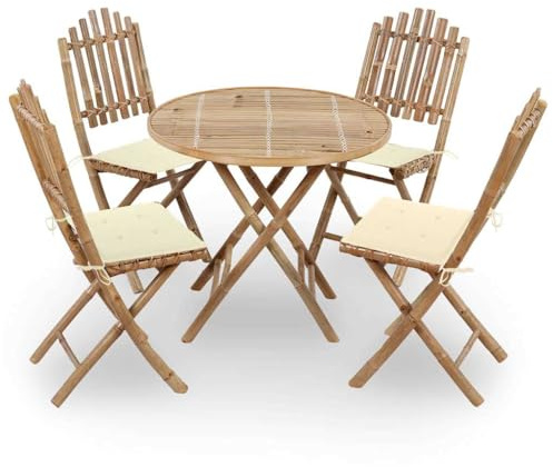 Holamys 5-TLG. Garten-Essgruppe mit Kissen, klappbar, aus massivem Bambus, wetterfest, für Terrasse, Balkon, Garten, platzsparend, Creme Kissen, 80x70cm Tisch