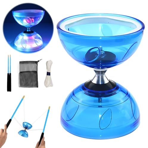 LED Diabolo mit Kugellager, 4,5mm DiaBolo Freiläufer mit Kugellager Dreifache Lagerung Set, Diablo Jonglierspielzeug mit Jonglierbällen, Jonglierbälle Kinder für Anfänger Profis, Rot (Blau)