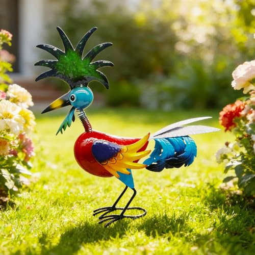 FONDUO Garten Figuren Deko Huhn 38x36.5cm, Metall Gartendeko ühner Für Draußen Wetterfest Frühlingsdeko Gartenfiguren Huhn Deko Garten Ornamente groß für Rasen Terrasse Frühling Ostern Dekoration (F)