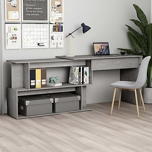 Teenpull Eckschreibtisch Betongrau, 200x50x76 cm, Drehbarer Computertisch aus Holzwerkstoff mit Offenen Fächern, Ideal für Home Office, Gaming & Büro, Platzsparend