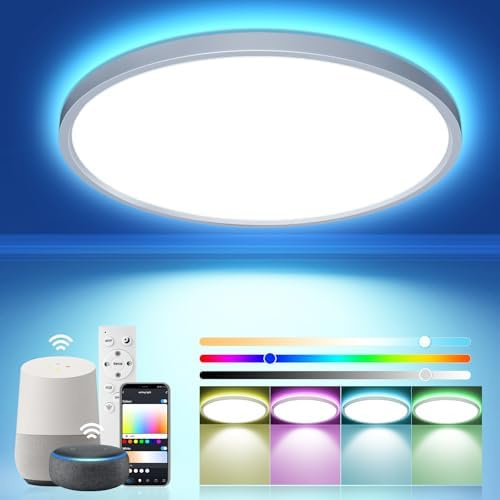 LED Deckenleuchte RGB mit Fernbedienung und App, Kompatibel mit Alexa, 40CM | 3000K-6500K Dimmbar Smart RGBIC Deckenlampe LED für Wohnzimmer Schlafzimmer Kinderzimmer