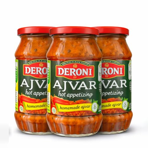 Africa Select Deroni Hot Ajvar Roasted Red Pepper & Aubergine Spread, 500g (Pack of 3) | Spicy Vegetable Dip & Sauce | Vegan, Keto, Gluten-Free