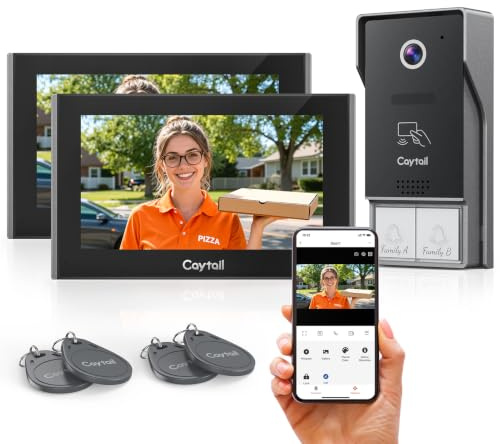 Caytail Videoportero WiFi 2 Hilos, 2 Monitores Táctiles 7 IPS, WiFi6 2.4/5GHz, 1080P HD Timbre Video Sistema Intercomunicador, Detección Humana, Desbloqueo Remoto App/RFID, Kit para 2 Familias