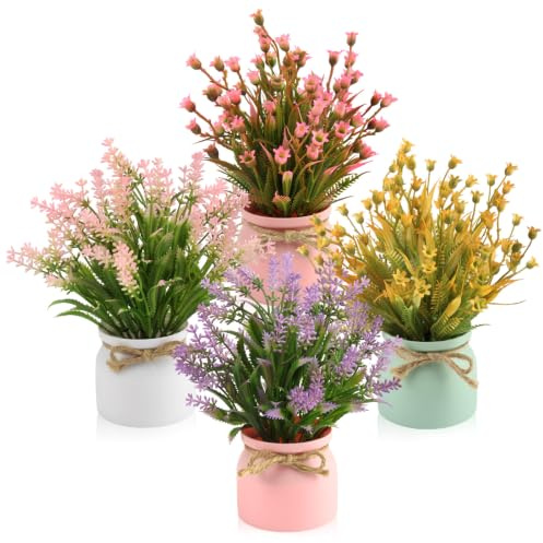 CYIOU 4 Pièces Fleurs Artificielles Cimetiere Petite Fausse Plante avec Pot | Artificielle Interieur Exterieur Decoration Table pour Bureau Jardin Maison Balcon Salon Salle de Bain