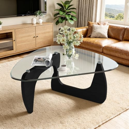 Aivermeil Beistelltisch Dreieckig Couchtisch Glas Transparent, Wohnzimmertisch im Minimalistischen Design, MDF Holz Beine Schwarz, 90x60x43cm, Moderner Kaffeetisch Sofatisch Glastisch
