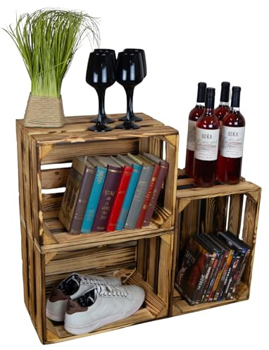 Kistenkolli Altes Land geflammte Holzkiste Bella 40 x 30 x 25cm Holzkiste Apfelkiste Weinkisten Regalkisten Aufbewahrungskiste (3er Set)