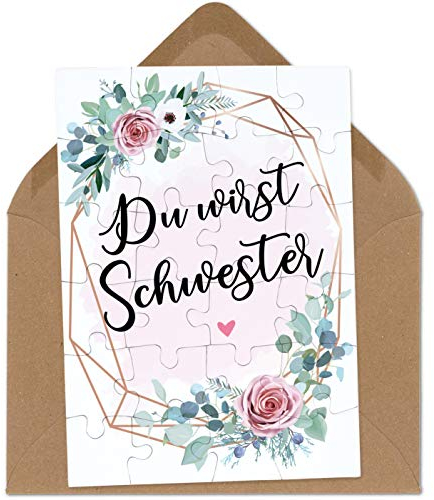 OWLBOOK Du wirst Schwester rosa Blumenkranz Puzzle mit Brief-Umschlag Geschenke Geschenkideen für die Familie zur Geburt & Schwangerschaft verkünden