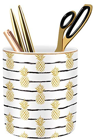 Waveyu Pot à crayons pour bureau, pot à crayons pour bureau, organiseur de bureau pour filles, femmes, enfants, en céramique, effet marbre pailleté, ananas jaune