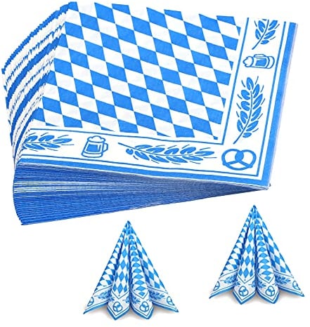 YOLOUP 40 pcs Bayern Servietten Oktoberfest Deko blau & weiß karierte Tissue 33 x 33 cm Dekoservietten mit Bier, Weizenähren, Brezel Muster für Münchner Oktoberfest Bierzelten Tischdeko