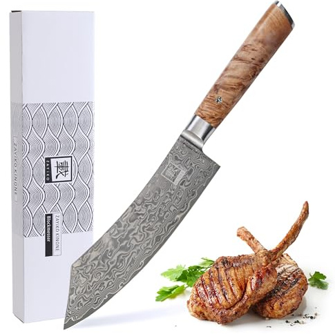 zayiko Kinone BBQ-Blockmesser 20 cm Klinge, 67 Lagen Damaststahl, VG10-Kern | Schwarze Damastklinge, Birkenwurzelholzgriff, 15° V-Schliff je Seite, 60 ± 2 HRC, für Fleisch und Grillgut, inkl. Geschenkbox