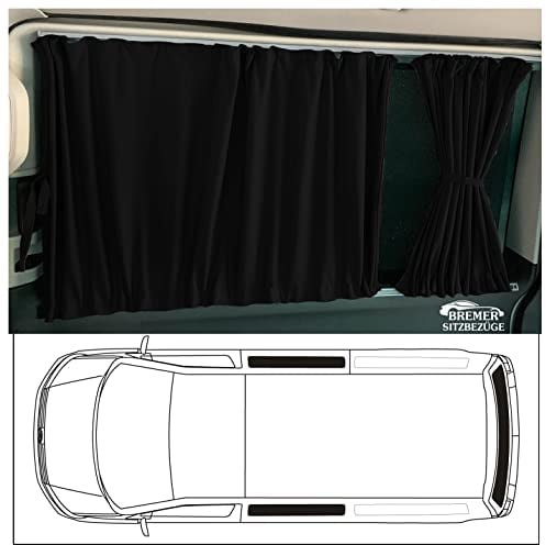 BREMER SITZBEZÜGE Maß Gardinen Vorhänge Sonnenschutz kompatibel mit VW T5 T6 T6.1 Transporter Caravelle Kurzer Radstand nur für Schiebetür gegenüber und Heckklappe 3 Fenster Set in Schwarz 716-1