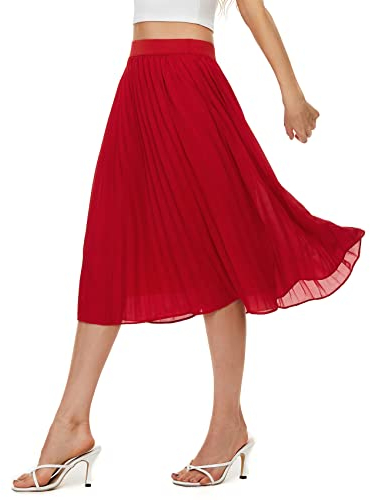 Durio Midirock Damen Faltenrock Plissee Damenrock Leicht Casualrock Chiffon Röcke A-Linie Rot 38(Tag Size M)
