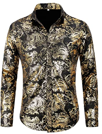 Allthemen Herren Jacquard Hemd Langarm Satin Freizeithemd Paisley Herrenhemd für Party Hochzeit Gold S