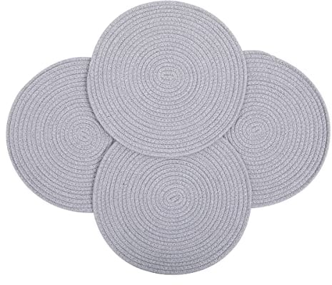 WENFOME 4 Pack Woven Placemats, 13.8 inches Round Plate Chargers Grey Thick Placemat Set Cotton Rope Braided Tablemats Rattan Mats Rustic Weave Placemats for Table Decoration