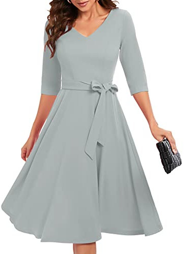 Bbonlinedress Rockabilly Kleider Damen 3/4 arm V-Ausschnitt Midi Kleider Langarm Festliche Kleider für Hochzeit Vintage Cocktailkleid Grey 2XL