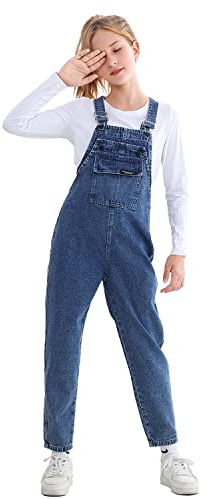 Rolanko Salopette di Jeans da Ragazze con Spalline Regolabili, Tuta di Denim Casual per Bambini, Tasche Blu, Taglia:160