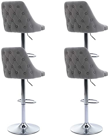 Wahson Barhocker 4er Set, Barstuhl Bistrohocker mit Lehne, höhenverstellbar, Tresenhocker aus Samt und Metall, drehbare Küchenstühle für Küche/Hausbar, Grau