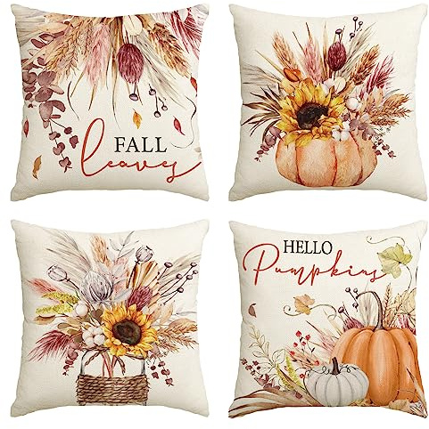 Artoid Mode Sonnenblumen Kürbisse Vase Herbst 40x40 cm 4er Set Kissenbezüge | Saisonal Blätter Fall Zierkissenbezug Cushion Cover Couch Wohnzimmer Deko