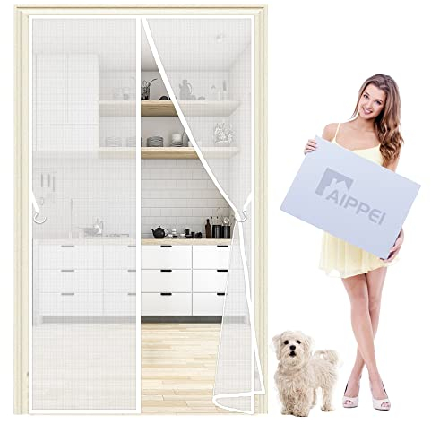 Magnet Fliegengitter Balkontür mit Verbreitertem Klebeband, 110x195 cm Türvorhang Fliegenschutz, Insektenschutz Tür Vorhang, ohne Bohren, Weiß P