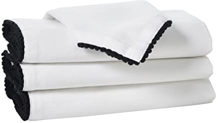 Penguin Home Set of 4 Cotton Napkin 100% Cotton Eco Friendly Sustainable Reusable Napkins - Daily Use as Dinner Napkins With Four Side Pom Pom Lace Size - 40 X 40 cm, White & Black,GSM -185