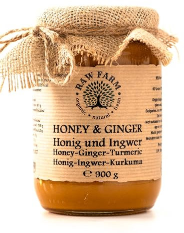 Raw Farm - Мiel cru 900 g avec gingembre et curcuma – non chauffé, non filtré, origine unique – miel d'apiculteur non pasteurisé, riche en nutriments et goût naturel