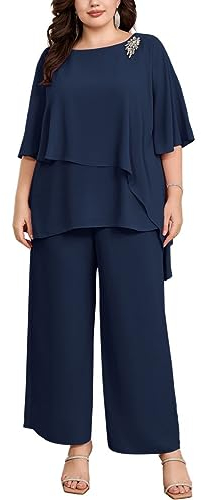 Hanna Nikole Damen Große Größen Hosenanzug Chiffon Shirt Irregular Collar Batwing Sleeves Chiffon Shirt 2 Piece Set Occasion Trousers Chiffon Shirt Dunkelblau 50