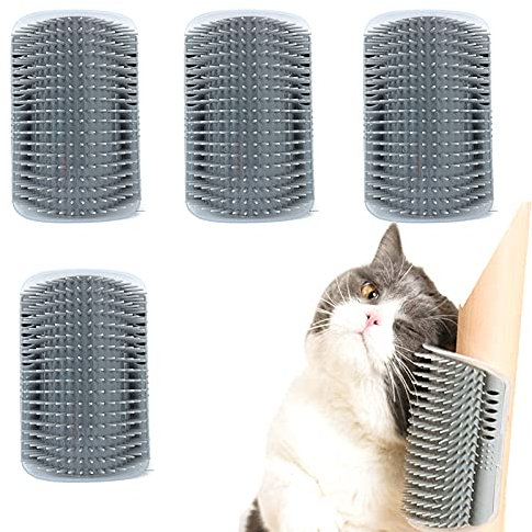 Katzenbürste, Automatische Reinigungsbürste für Tierhaare, Massage Ecke Katze Bürste, Tierhaarentferner mit Katzenminze zum Massagen Kitzeln Fell Entfernen, 4 Stück (Grau)
