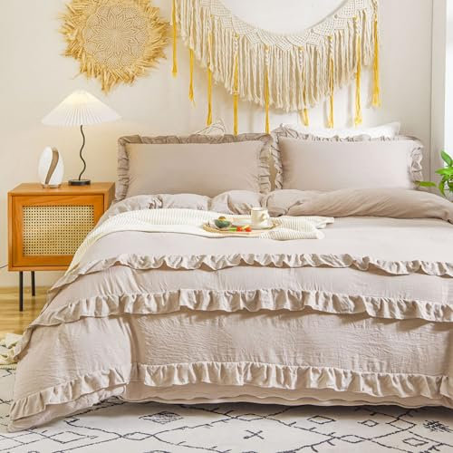 Tospass Rüschen Bettwäsche 155x220 Khaki 2Teilig Modern Romantisch Aesthetic Bettwäsche Gewaschene Microfaser Bettwäsche-Sets, 1 Bettbezüge 155x220 und 1 Kissenbezüge 80x80 mit Reißverschluss