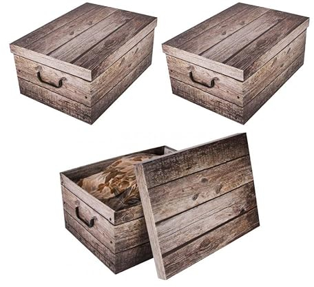 Kreher 3 Stück XL 45 Liter Deko-Kartons, Ordnungsboxen, Stapelboxen mit Deckel und Griffe, 51 x 37 x 24 cm (Holz Grau)