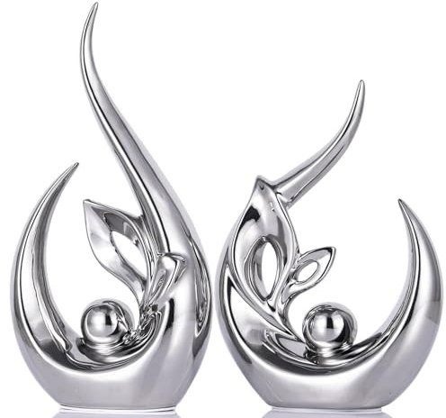 XMGZQ Silber Keramik Statue Satz von 2,Moderne Abstrakte Skulptur Design,24 cm Porzellan Figuren Haus Deko,Tischdekoration für Wohnzimmer,Schlafzimmer,Esszimmer,Büro,Kunststatue