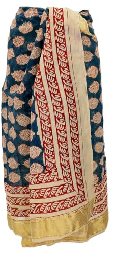 GURU SHOP Leichter Pareo Schal, Sarong, Handbedrucktes Baumwolltuch, Lungi mit Webbordüre - Blauschwarz, Herren/Damen, 190x120 cm