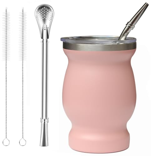 Beruth Bombilla Yerba Mate Calabaza, Juego de Tazas de Té de Acero Inoxidable de 8 oz con Tapa Multifuncional, Dos Pajitas y Cepillos de Limpieza(Rosa)