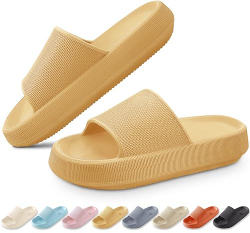 BHFRGAS Cloud Sliders Women Men，Cloud Slippers with Thick Outsole，Non-Slip Soft Summer Mens Womens Slippers Flip Flops，Shower Bathroom Slippers Pillow Slides for Beach,Pool and Outdoor，Yellow,10-11 UK