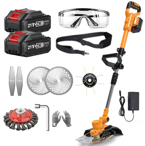Coupe Bordure sans Fil avec Batterie Débroussailleuse à Batterie Electrique sans Fil, 21V 2 Batteries pour la Coupe 90° Poignée Réglable, pour Jardin Élagage (Orange)