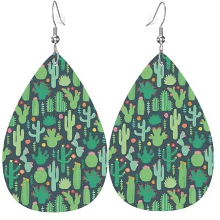 Niedlicher Kaktus-Anhänger, nahtloser Illustrationsdruck, modische Tropfen-Ohrringe, stilvoll, schön, leicht, baumelnd für Damen und Mädchen, Einheitsgröße, Leder
