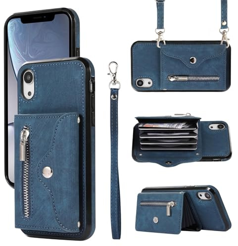 Asuwish Handyhülle für iPhone XR Hülle mit Band Kartenfach Klappbar Geldbörse Ständer Handyhüllen Cover Leder Kette Hulle Hülle i 10XR 10R RX XRHülle Handy Hüllen Schutzhülle Damen Phone Case Blau